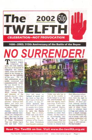Cover of the 2002 issue of The Twelfth: Celebration not Confrontation.